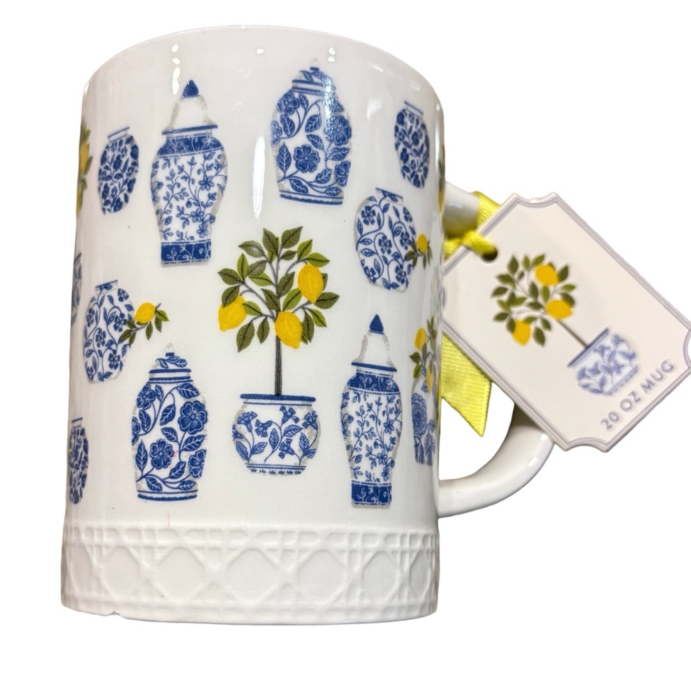 GOOSEBERRY MOON NWT Chinoserie lemon cane coffee mug -white/blue/yellow